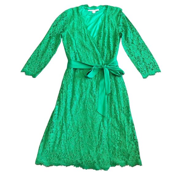 Diane Von Furstenberg DVF Julianna Lace Wrap Dress Green 3/4 Sleeve Size 10 - Picture 2 of 15
